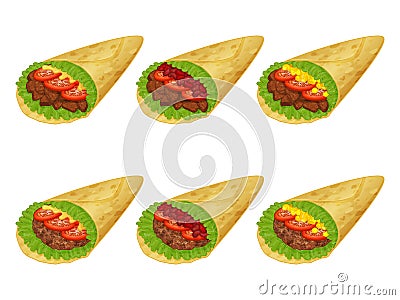 collection of tasty mexican burrito icon on white background. Vector Illustration