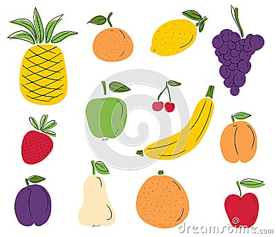 Collection of tasty sweet fruits: pineapple, apple, strawberry, pear and cherry, lemon, peach, apricot, banana isolated on white Vector Illustration