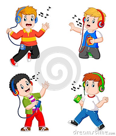 The collection teen boy in big headphones listening to music Vector Illustration