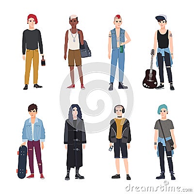 Collection of teenage boys, fans of various youth subcultures or countercultures - punk, rock, hip hop, skateboard, goth Vector Illustration