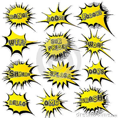 Collection of templates speech bubbles in pop art style. Elements of design comic books. Set of yellow starburst with different Vector Illustration