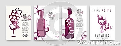 Collection of templates with wine designs. Brochures, posters, invitation cards, promotion banners, menus. Wine stains. CMYK Vector Illustration