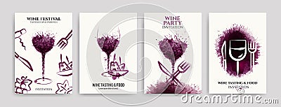 Collection of templates with wine designs, illustration of wine glasses with spots and food symbols Vector Illustration