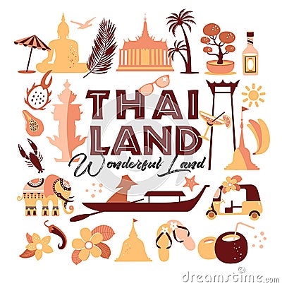 Collection of Thailand symbols. Vector poster. postcard in trend color. Travel illustration. Vector Illustration