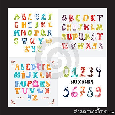 Collection of three funny alphabets and set of numbers. Cute colorful english font, hand drawn typeface Vector Illustration