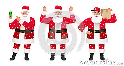 Collection of three funny Santa Claus. Bearded Santa points to his smartphone, shows a like gesture. Delivery guy in a Santa Vector Illustration