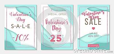 Collection of three sale banner templates to Valentine`s Day. Paper cut style. Blue backgrounds Vector Illustration