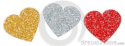 Set Three Turned Hearts Sparkling Gold Silver Red Vector Illustration