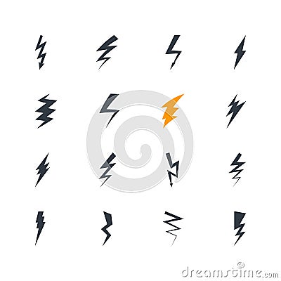 Collection of thunderbolt signs. Set of lightnings icons. Flat design elements. Weather symbols. Vector Illustration