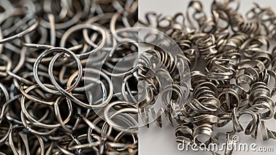 A collection of tiny metal springs are shown before and after being subjected to extreme heat. In the first image the Stock Photo