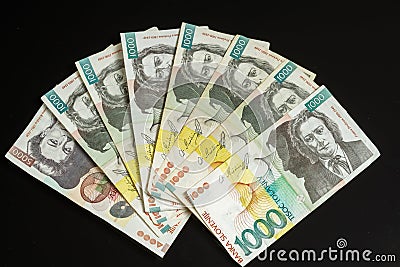 Collection of tolar bills of Slovenia, obsolete currency, no longer in use Stock Photo