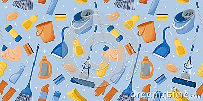 Collection of tools for cleaning the house. Seamless pattern. Cleaning company. Vector Illustration