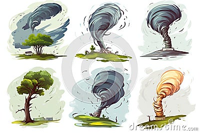 Collection of Tornadoes Isolated on White Background. Generative ai Cartoon Illustration