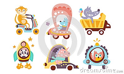 Collection of Toy Transport with Cute Animals, Funny Monkey, Wolf, Dog, Panda, Unicorn, Owl in Various Types of Vector Illustration