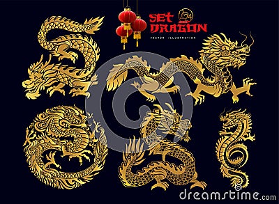 Collection of Traditional Chinese Dragon. Big set of black asian dragons. Happy Chinese New Year 2024 year of the gold dragon Vector Illustration