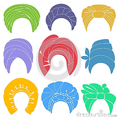 Collection. Traditional national headdress, turban. Knitted scarf. Logo, symbol, scheme. Graphic image. Set of vector Cartoon Illustration