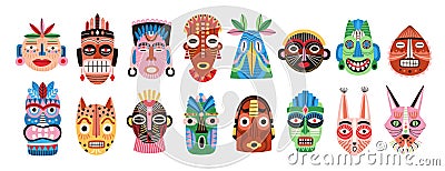 Collection of traditional ritual or ceremonial African, Hawaiian or Aztec masks shaped after human face or animal`s Vector Illustration