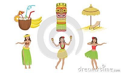 Collection of Traditional Symbols of Hawaiian Culture, Coconut Cocktail, Tiki Mask, Straw Umbrella, Beautiful Girls Vector Illustration