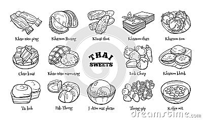 Collection of traditional Thai desserts. Hand drawn sketch in doodle style Cartoon Illustration