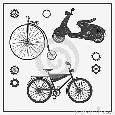 Collection of transport: old bike, modern bike and scooter. Vector illustrations for card, invitation, logos, labels and infograph Vector Illustration