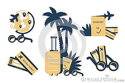 Collection of travel icon. Set of tourism template for web, promotional, advertising, journey agency. Trip labeles as plane ticket Vector Illustration