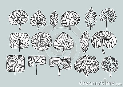 Collection Of Trees, Isolated on a gray background.Art sketching Vector Illustration