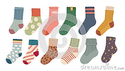 Collection of trendy cotton and woolen socks with different textures isolated on white background vector illustration Vector Illustration