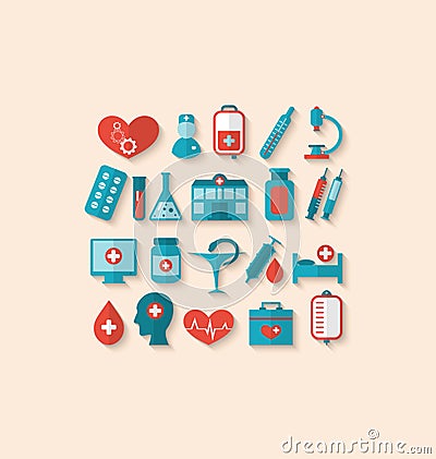 Collection trendy flat icons of medical elements and objects Vector Illustration