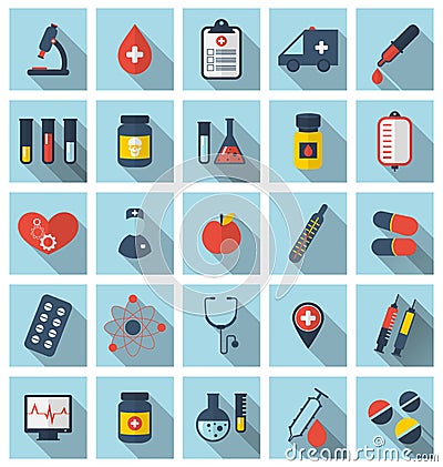 Collection trendy flat medical icons with long shadow Vector Illustration
