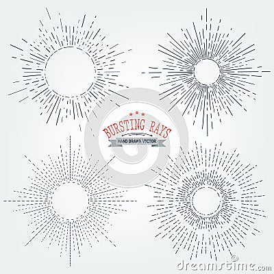 Set of sun rays images in Hand Drawing style. Graphic elements for various design projects. Uneven sun rays that diverge in hand. Vector Illustration