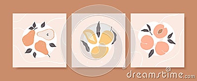 Collection of trendy summer backgrounds in pastel colors. Abstract hand drawn pear, mango and peach. Vector Illustration