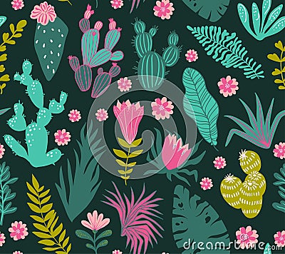 Collection of tropical plants, cactuses, succulents, flowers. Vector Illustration