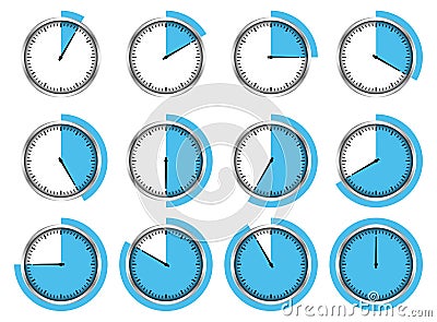 Set Of Twelve Graphic Silver Stopwatches Blue Different Times Outside Vector Illustration