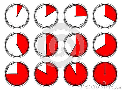 Set Of Twelve Graphic Silver Stopwatches Red Different Times Vector Illustration