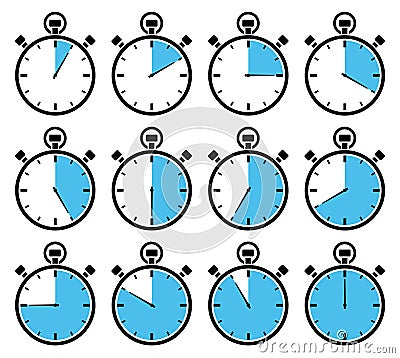 Set Of Twelve Graphic Stopwatches Blue Different Times Vector Illustration