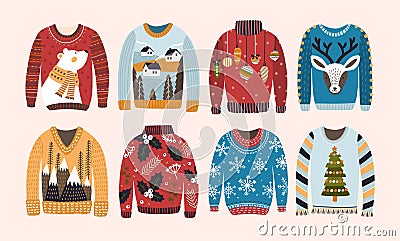 Collection of ugly Christmas sweaters or jumpers isolated on light background. Bundle of knitted woolen winter clothing Vector Illustration