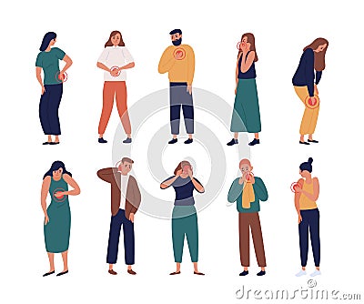 Collection of unhappy people suffering pain or ache in different body parts - chest, neck, leg, back, arm. Set of ill Vector Illustration