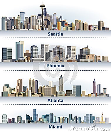 Vector collection of United States city skylines: Seattle, Phoenix, Atlanta and Miami Vector Illustration