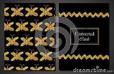 Collection of Universal Modern Stylish Cards Templates with Golden butterflies. Creative Wedding, Anniversary, Birthday, Valentine Stock Photo