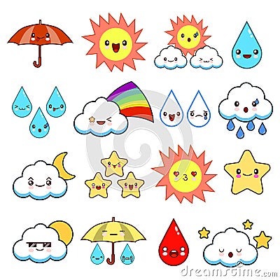 Collection of unusual cartoon and funny smiley weather icons. cute style. Sunny, cloudy, rainy, windy, shiny, bubbles Cartoon Illustration