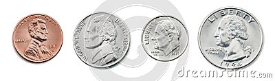 Collection of US coins in the united states one, half, quarter dollar and 1 cent coin. A quarter, dime, nickel, penny. the most Stock Photo