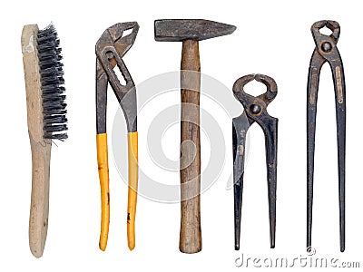 Collection of used hardware tools isolated background Stock Photo