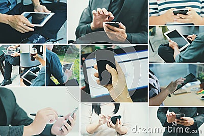 Collection of using tablet and smartphone on hands. Stock Photo