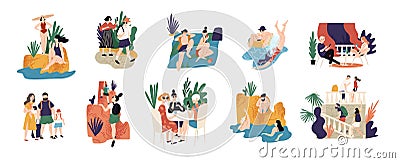 Collection of vacation activities or scenes - people hiking, swimming, sunbathing, diving, sightseeing during summer Vector Illustration