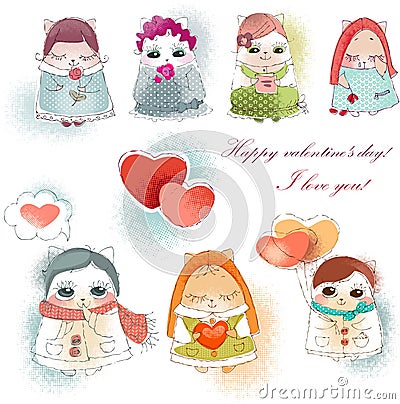 Collection valentine cats Vector Illustration