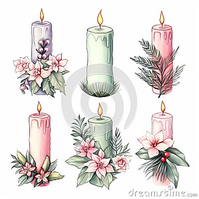 Whimsical Watercolor Christmas Candle Clipart In Soft Pastel Colors Stock Photo
