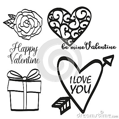 Collection of valentine symbols. Hand drawn sign of heart. Vector illustration. Vector Illustration