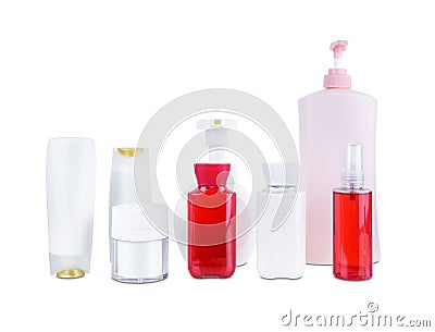 Collection of various beauty cosmetic hygiene containers plastic bottle with body moisturising on white background Stock Photo