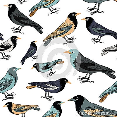 Collection of various birds seamless pattern. Vector illustration on white background Vector Illustration