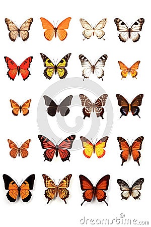 collection of various butterfly species on a white background Stock Photo